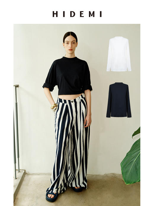 HIDEMI 度假系列甄选超柔婴儿棉极简都会感长袖圆领T恤 白色/海军蓝 商品图0