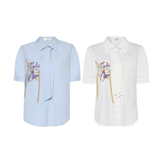 两三事 信风轨迹 2025夏季新款休闲印花口袋可拆领带衬衫女宽松 商品图4