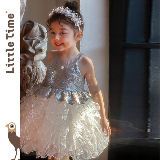 littletime女童连衣裙2025夏新款儿童洋气时尚亮片花朵公主裙 商品图4