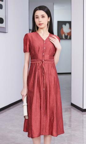 SZ2S83_朱樱色_连衣裙_春夏_V领单排扣系带收腰中长款_高级女装_BERNIEELEN 伯妮斯茵