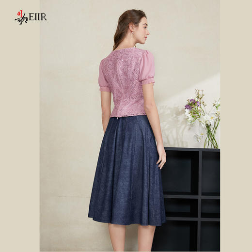 司歌收腰蕾丝上衣短袖v领女夏T911241X 商品图3