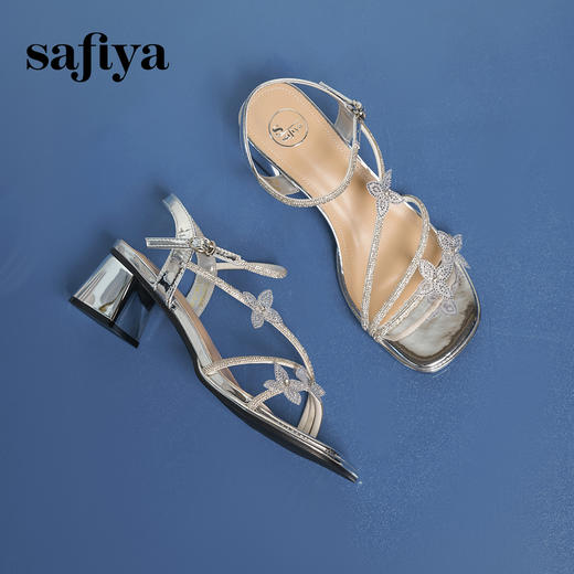 Safiya/索菲娅2025时尚闪钻一字带方头粗跟露趾气质通勤凉鞋 SFD2115418 商品图8
