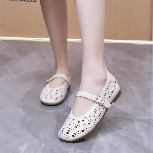 雀说一字带镂空玛丽珍凉鞋女真皮复古平底四季舒适圆头浅口单鞋AL7705 商品图1