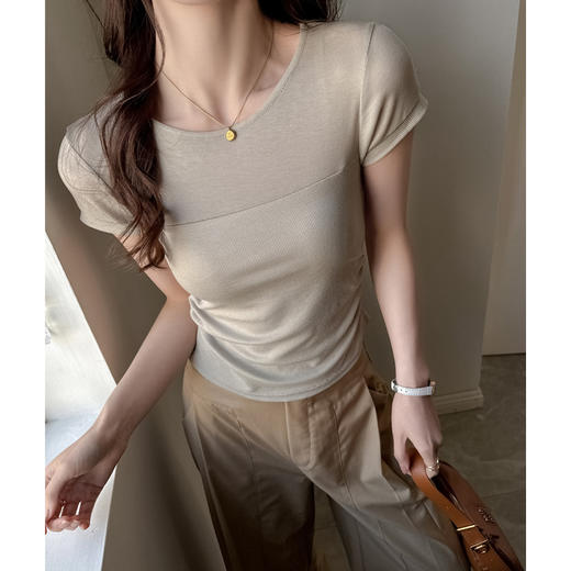 ✨莱赛尔天丝韩系女装【小圆领正肩t恤】女短袖高级拼接收腰设计感上衣 商品图5