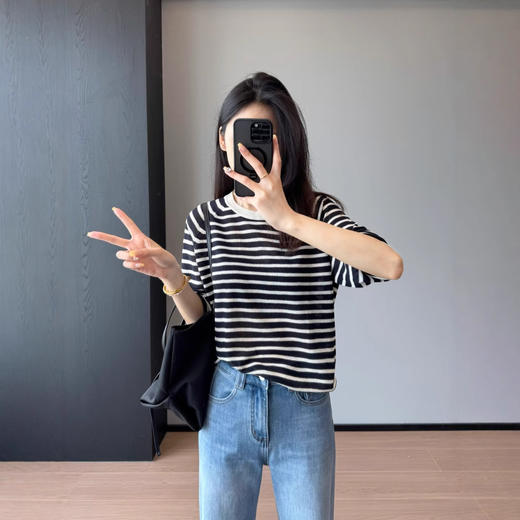 柜上1700！禾家新款天丝亚麻圆领宽松夹条纹短袖套衫夏女款！ 商品图2