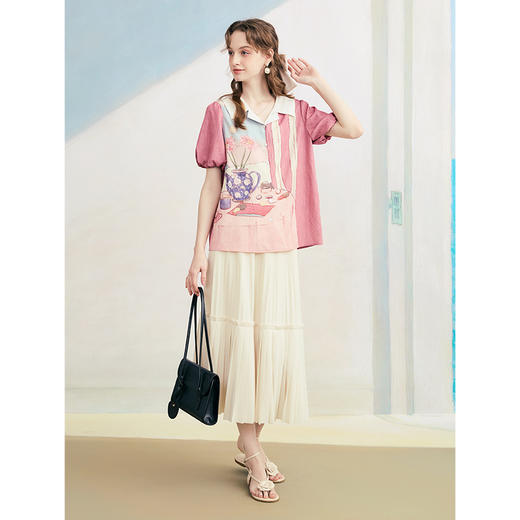 两三事 粉调人生 2025夏季新款文艺风油画印花泡泡袖衬衫女宽松 商品图4