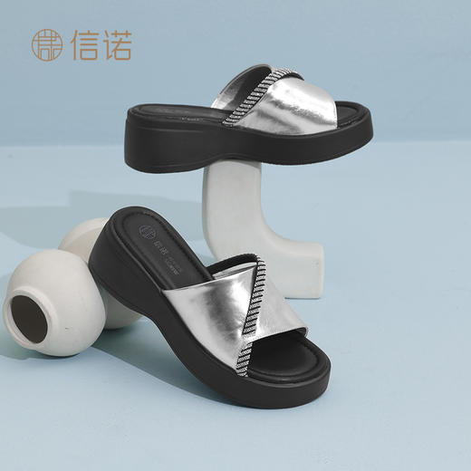 信诺妈妈拖鞋女2025新款夏季外穿凉鞋厚底增高时尚百搭真皮一字拖X5L137-105 商品图2