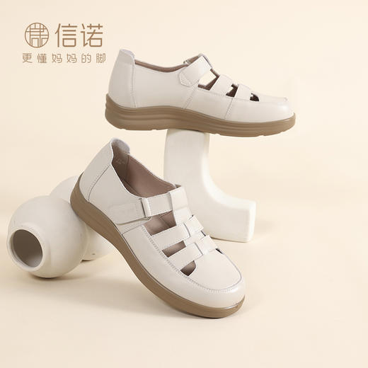 信诺妈妈鞋2025新款夏季真皮软底镂空透气包头罗马凉鞋猪笼鞋女款5C8166-018 商品图2