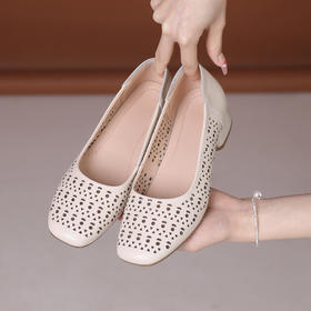 雀说浅口单鞋真皮洞洞浅口打孔镂空中跟凉鞋舒适四季单鞋AL1501