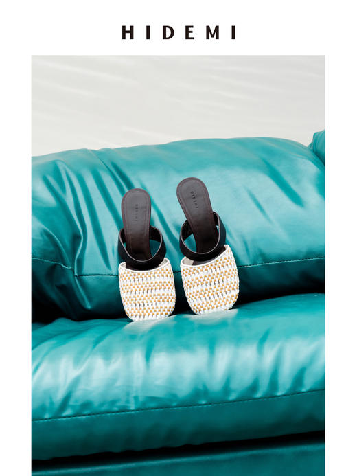 HIDEMI度假系列手工编织艺术感撞色一脚蹬小猫跟穆勒鞋 商品图2
