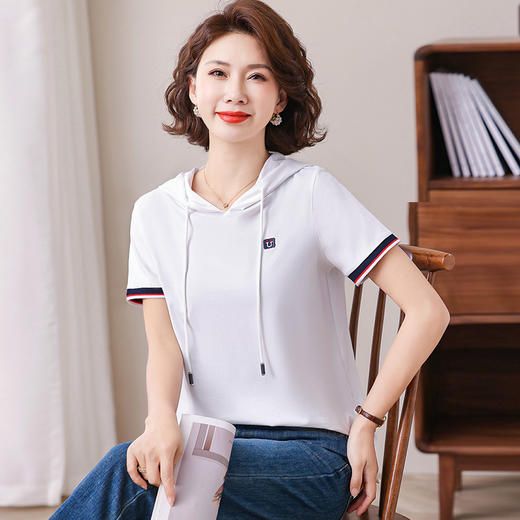 雀说连帽短袖t恤新款夏季高档休闲女装洋气减龄半袖体恤衫AL320034 商品图1
