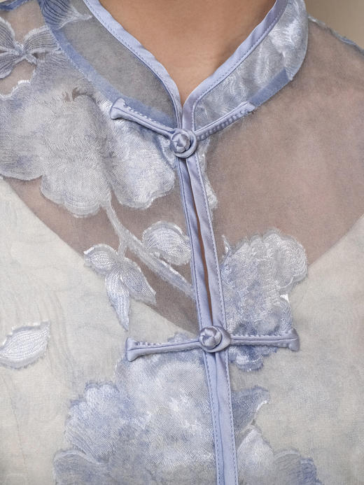 盛唐婧| 新中式立领真丝剪花绡对襟长马甲背心-蓝色 商品图3