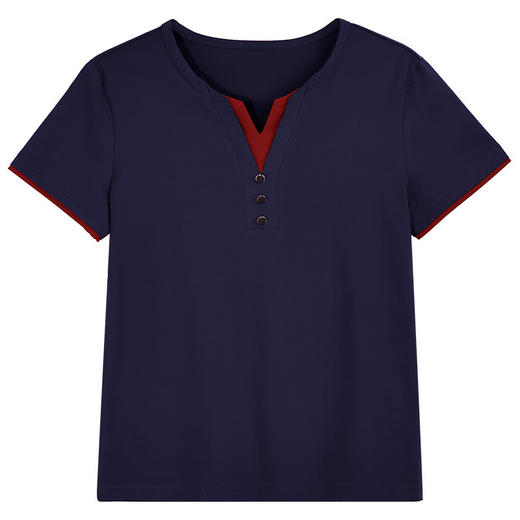 雀说正肩v领短袖t恤女新款夏季爆款女装宽松假两件上衣中年体恤衫AL20083 商品图4