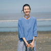 绽放253朵/【入蓝系列】亚麻结构感不对称中袖T恤圆领短袖女夏季 商品缩略图1