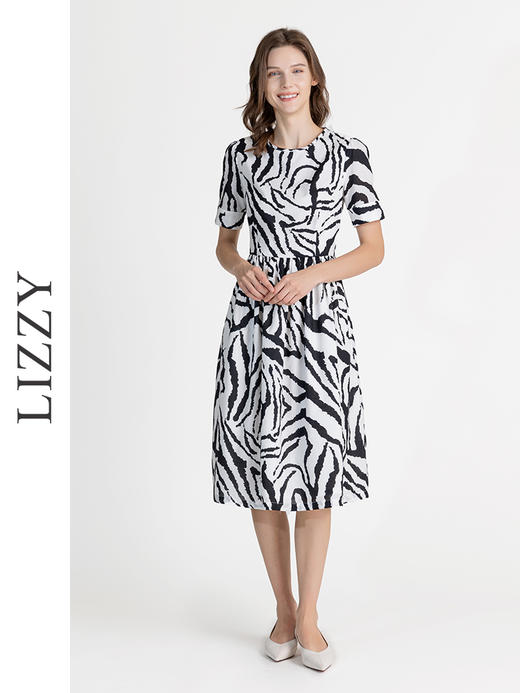 LIZZY夏季简约清爽印花圆领通勤短袖连衣裙6559 商品图2