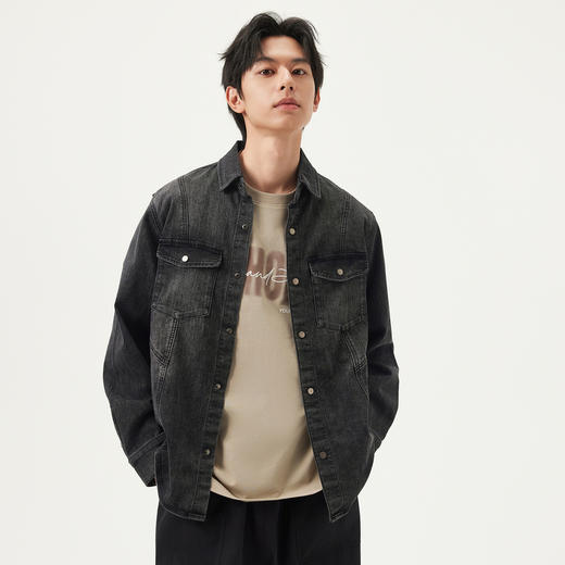 gxg.jeans男装 黑色分割设计时尚水洗翻领牛仔夹克外套男25春热卖 商品图1