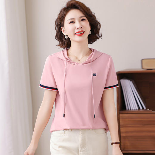 雀说连帽短袖t恤新款夏季高档休闲女装洋气减龄半袖体恤衫AL320034 商品图0