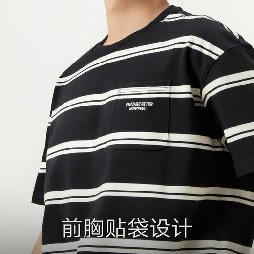 gxg.jeans男装 黑色条纹设计复古休闲宽松圆领短袖T恤 25年夏热卖 商品图4