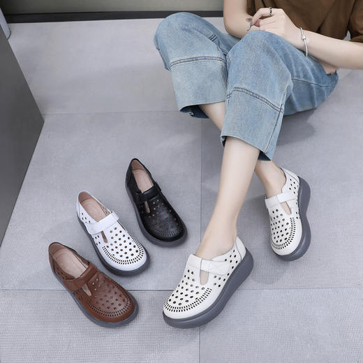 雀说新款真皮女洞洞鞋坡跟软底大码头层牛皮冲孔复古风软底凉鞋AL283 商品图1