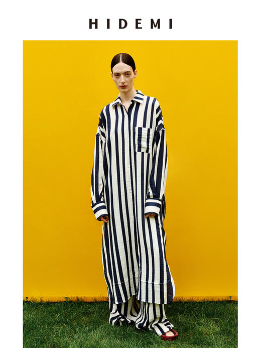 HIDEMI 度假系列慵懒蓝白条纹多重水洗条纹长款衬衫裙阔腿裤套装 商品图9