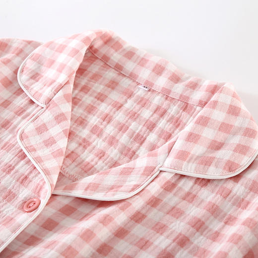 雀说夏款日系简约格子纯棉双层纱布女士三件套睡衣薄款短袖家居服套装AL 商品图2