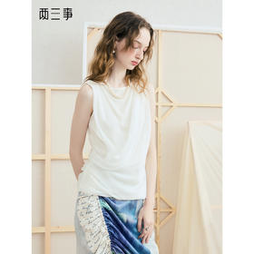 两三事雾霭私语2025夏新款时尚雪纺荡领拼接针织米白色背心女宽松