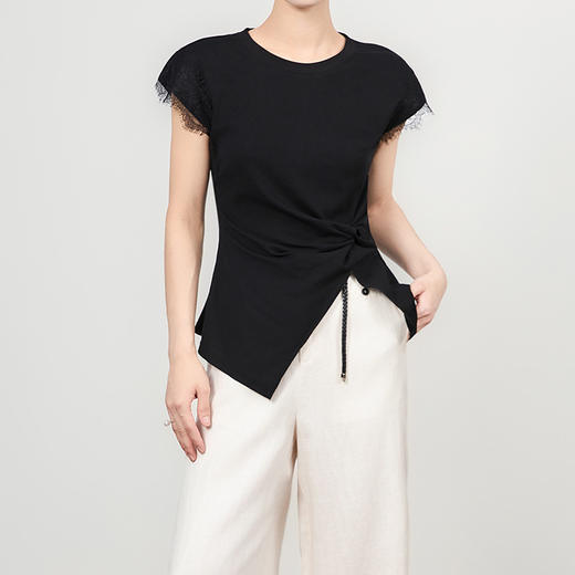「高货wl」全新升级【铂金会员165/天猫219/差价54】(14459)洛诗琳夏季新款小众设计感蕾丝拼接褶皱收腰显瘦圆领T恤 商品图3