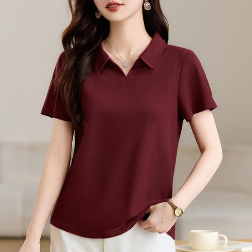 雀说polo领短袖t恤女新款爆款正肩纯色半袖洋气减龄显瘦上衣AL20070 商品图1
