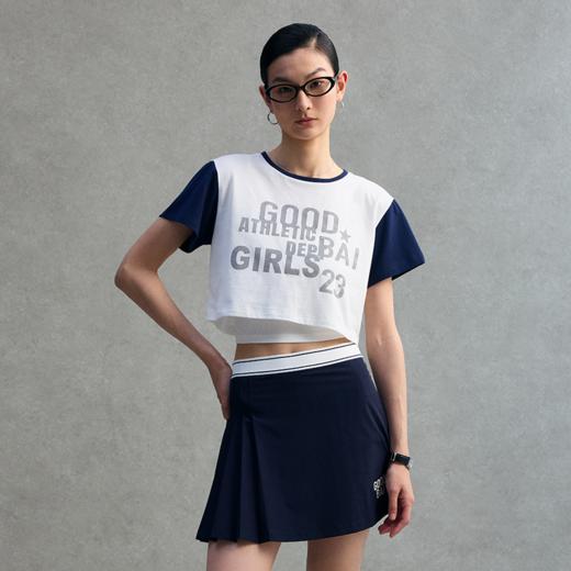 GOODBAI 23 GIRLS athletic印花圆领撞色短款宽松短袖T恤 商品图0