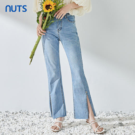 NUTS夏季新品浅色时尚开叉百搭水洗牛仔长裤321113222 商品图0