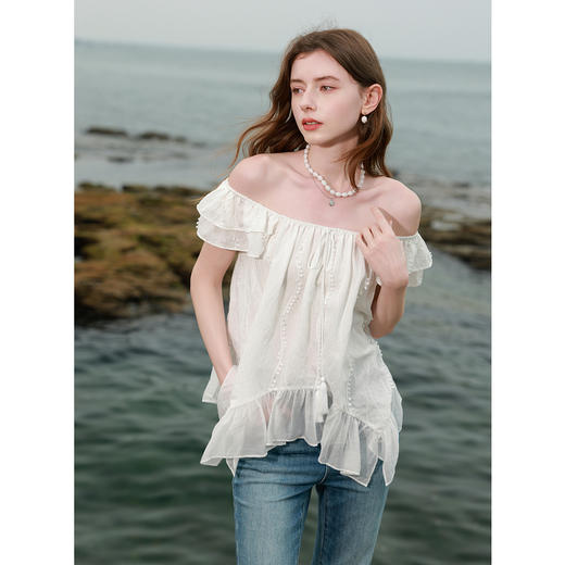 三彩2025夏季新款刺绣小衫飞飞袖系带上衣拼接宽松甜美M 商品图2