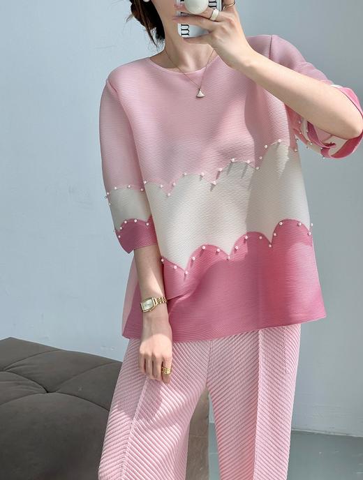 三宅褶皱珍珠显白南韩丝亚麻丝天丝混纺遮肉衫 商品图0