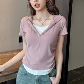 【连帽假两件半拉链短袖t】2025春秋新款修身收腰燕尾时尚百搭短t