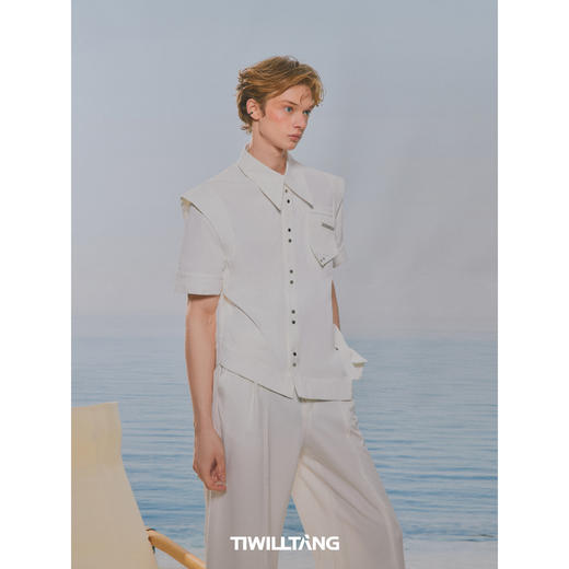 启世录TIWILLTANG“原焐汔制”斜门襟短袖衬衫黑白薄款衬衣修身男 商品图3