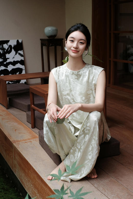 盛唐牡丹 |水绿八宝如意真丝女裤 商品图2