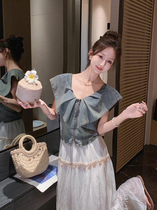 张心子【漫游日记】遮拜拜肉复古风气质显瘦牛仔上衣 U2505021 商品图5