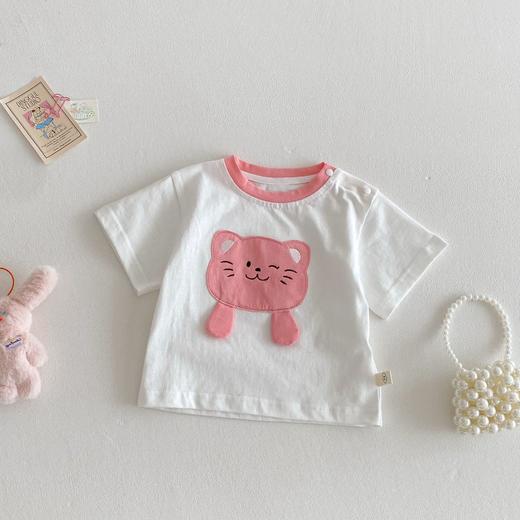 【可爱猫咪图案，清凉舒适面料】女童卡通T恤 夏季宝宝贴布猫咪打底衫 潮儿童韩版夏装-QQ 商品图4