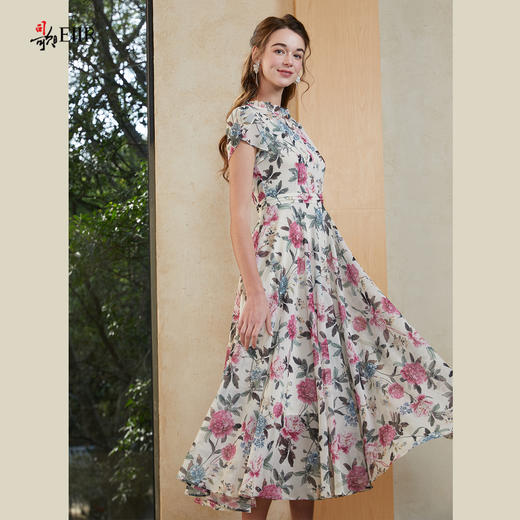 司歌雪纺印花蕾丝短袖收腰连衣裙A911270X 商品图1