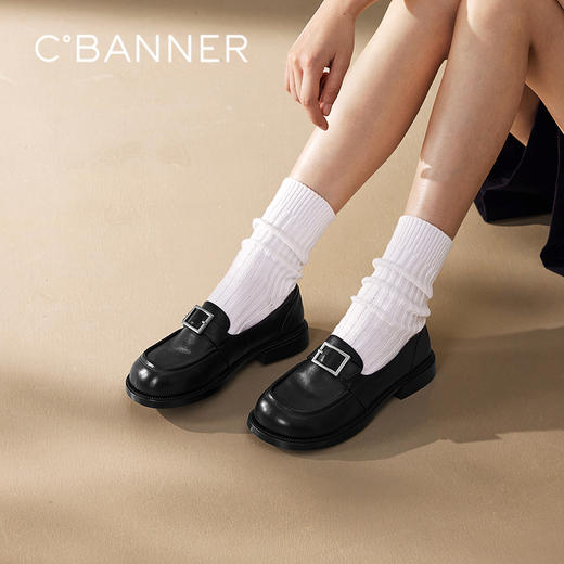 千百度复古羊皮厚底乐福鞋女款JK通勤一脚蹬小皮鞋A25173585 商品图0