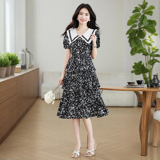 西遇娃娃领碎花连衣裙女夏季新款蛋糕裙a字法式短袖裙子SS050694 商品图1
