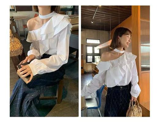 9.24清仓 设计师品牌-法式挂脖宽松荷叶边斜肩露肩上衣女长袖小衫-喜出 商品图3