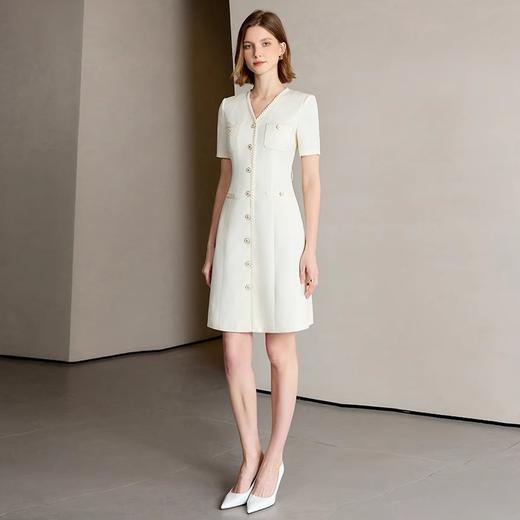 IWY/米白色短袖小香风V领连衣裙女夏季新款时尚气质收腰显瘦通勤正装Q1321 商品图4