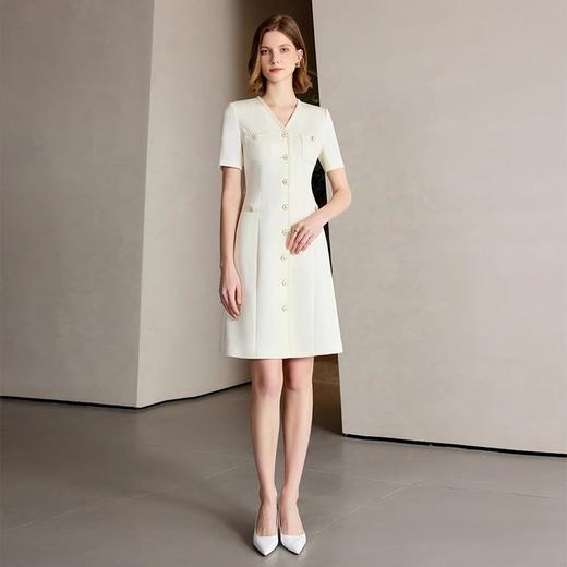 IWY/米白色短袖小香风V领连衣裙女夏季新款时尚气质收腰显瘦通勤正装Q1321 商品图0