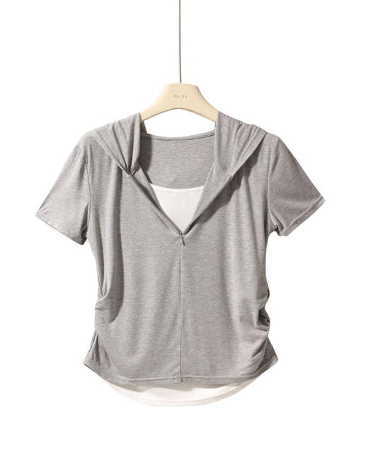 【连帽假两件半拉链短袖t】2025春秋新款修身收腰燕尾时尚百搭短t 商品图9