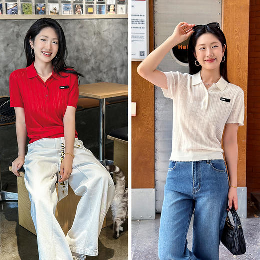 现货 THS-限时 缪家 翻领天丝羊毛针织镂空短袖上衣 2色 BH2597 商品图0