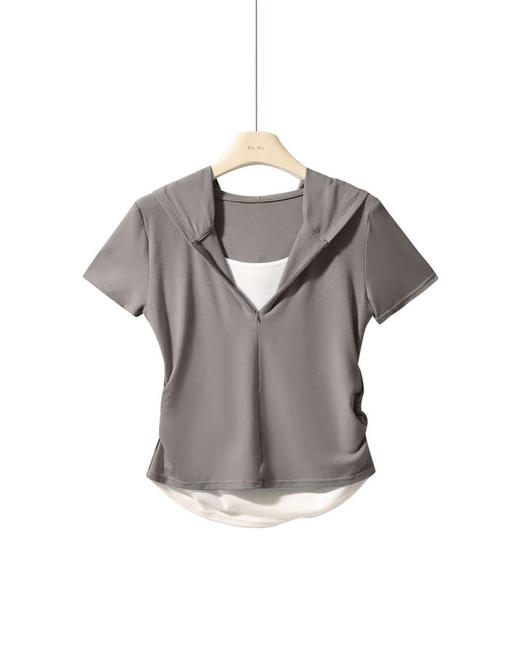 【连帽假两件半拉链短袖t】2025春秋新款修身收腰燕尾时尚百搭短t 商品图5