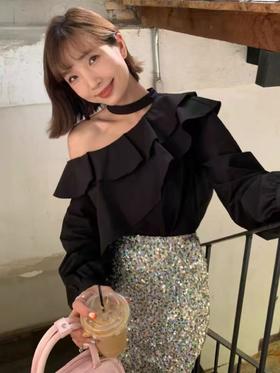 9.24清仓 设计师品牌-法式挂脖宽松荷叶边斜肩露肩上衣女长袖小衫-喜出