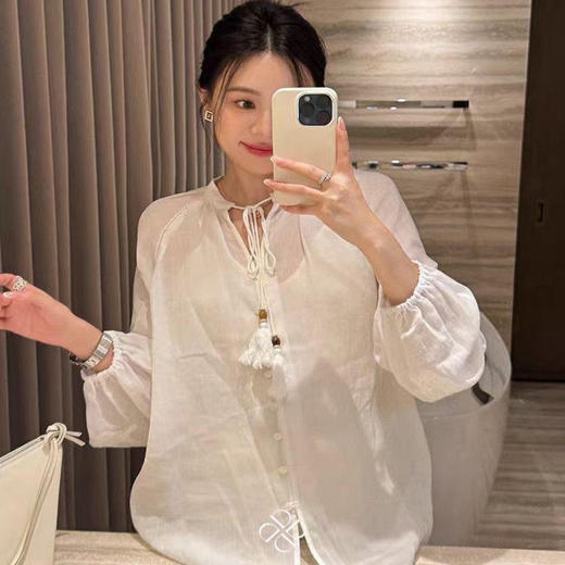 「K」洛诗琳01855法式系带衬衫2025夏季苎麻刺绣灯笼袖衬衫10344 商品图0