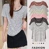 【69/任选2件 v领雪花麻短袖t恤 条纹撞色v领】2025春夏新款宽松显瘦百搭慵懒风上衣T恤 商品缩略图1