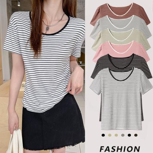 【69/任选2件 v领雪花麻短袖t恤 条纹撞色v领】2025春夏新款宽松显瘦百搭慵懒风上衣T恤 商品图1